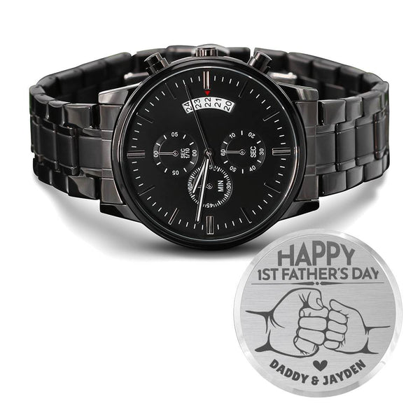Happy First Father's Day As My Daddy, Fist Bump, New Dad Baby, 1st Time Papa EST 2024, Engraved Custom Name Watch for Husband Him Men Man