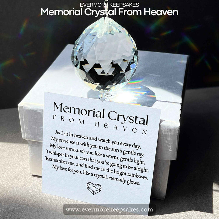 Memorial crystal from heaven rainbow sun catcher, beautiful memorial crystal ornament reflecting rainbow colors, comforting keepsake for those grieving, memorial sun catcher crystal hanging in sunlight, remembrance gift to honor a loved one, memorial crystal catching sunlight and creating rainbows, perfect sympathy gift for grieving hearts, rainbow sun catcher memorial crystal symbolizing eternal love, hanging memorial crystal for remembering a loved one, thoughtful Christmas memorial gift, memorial crystal