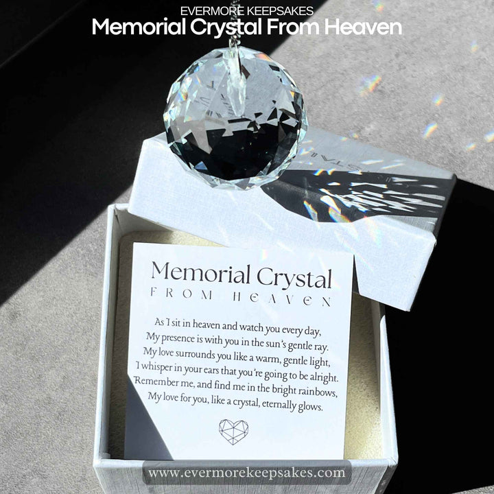 Memorial crystal from heaven rainbow sun catcher, beautiful memorial crystal ornament reflecting rainbow colors, comforting keepsake for those grieving, memorial sun catcher crystal hanging in sunlight, remembrance gift to honor a loved one, memorial crystal catching sunlight and creating rainbows, perfect sympathy gift for grieving hearts, rainbow sun catcher memorial crystal symbolizing eternal love, hanging memorial crystal for remembering a loved one, thoughtful Christmas memorial gift, memorial crystal