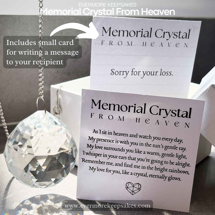 Memorial crystal from heaven rainbow sun catcher, beautiful memorial crystal ornament reflecting rainbow colors, comforting keepsake for those grieving, memorial sun catcher crystal hanging in sunlight, remembrance gift to honor a loved one, memorial crystal catching sunlight and creating rainbows, perfect sympathy gift for grieving hearts, rainbow sun catcher memorial crystal symbolizing eternal love, hanging memorial crystal for remembering a loved one, thoughtful Christmas memorial gift, memorial crystal