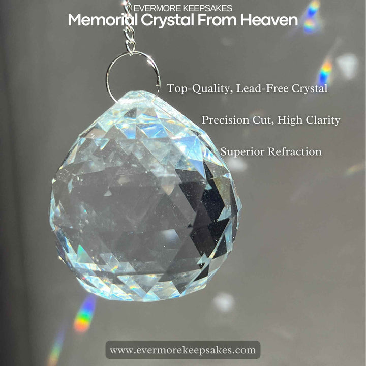 Memorial crystal from heaven rainbow sun catcher, beautiful memorial crystal ornament reflecting rainbow colors, comforting keepsake for those grieving, memorial sun catcher crystal hanging in sunlight, remembrance gift to honor a loved one, memorial crystal catching sunlight and creating rainbows, perfect sympathy gift for grieving hearts, rainbow sun catcher memorial crystal symbolizing eternal love, hanging memorial crystal for remembering a loved one, thoughtful Christmas memorial gift, memorial crystal